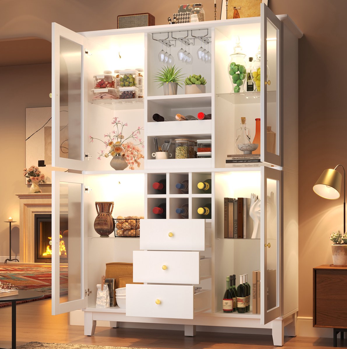 DESMIU Wijnkast - Appgestuurde LED Verlichting En 3 Laden - Voor Woonkamer Of Keuken - MDF En Metaal - 120x40x180,5 cm - Wit