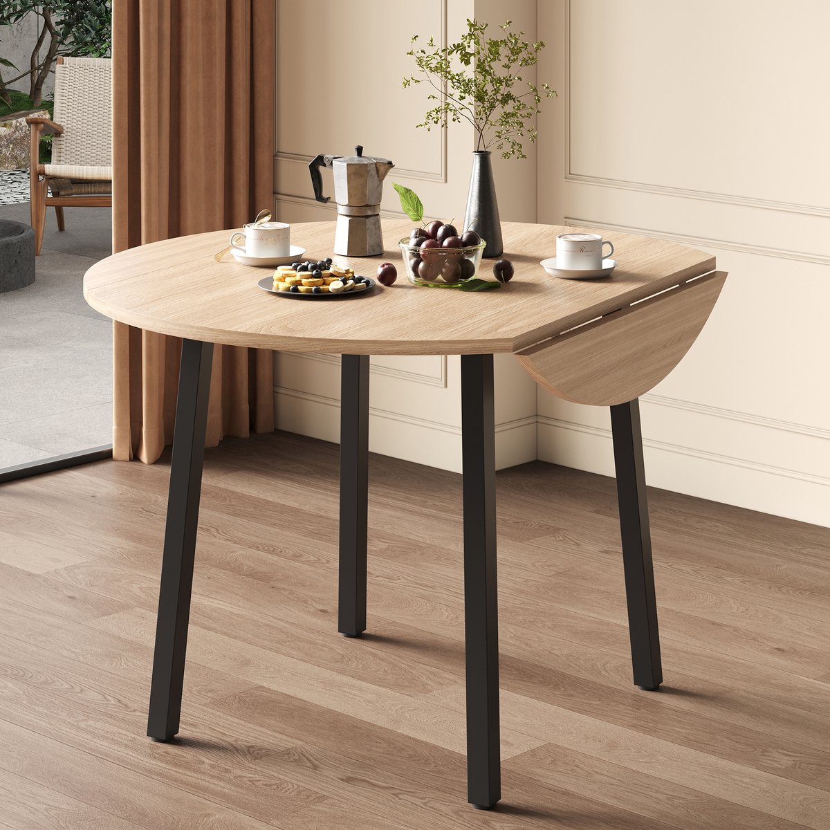 MEUNIQ ronde opklapbare eettafel 100 x 100 cm, inklapbaar tot 100 x 70 cm, voor 2-4 personen, MDF tafelblad met metalen poten, eiken, keuken en kleine woning Oak