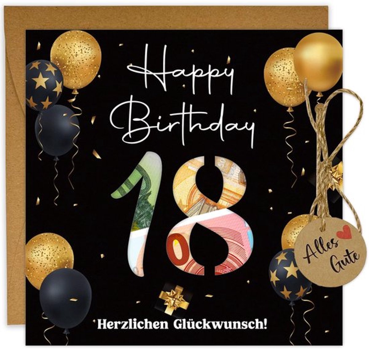 Verjaardagskaart 18e verjaardag - Geldgeschenk - Envelop van kraftpapier - Stijlvolle cadeauhanger - Elegant ontwerp - Ruimte voor persoonlijke boodschap - Geldkaart
