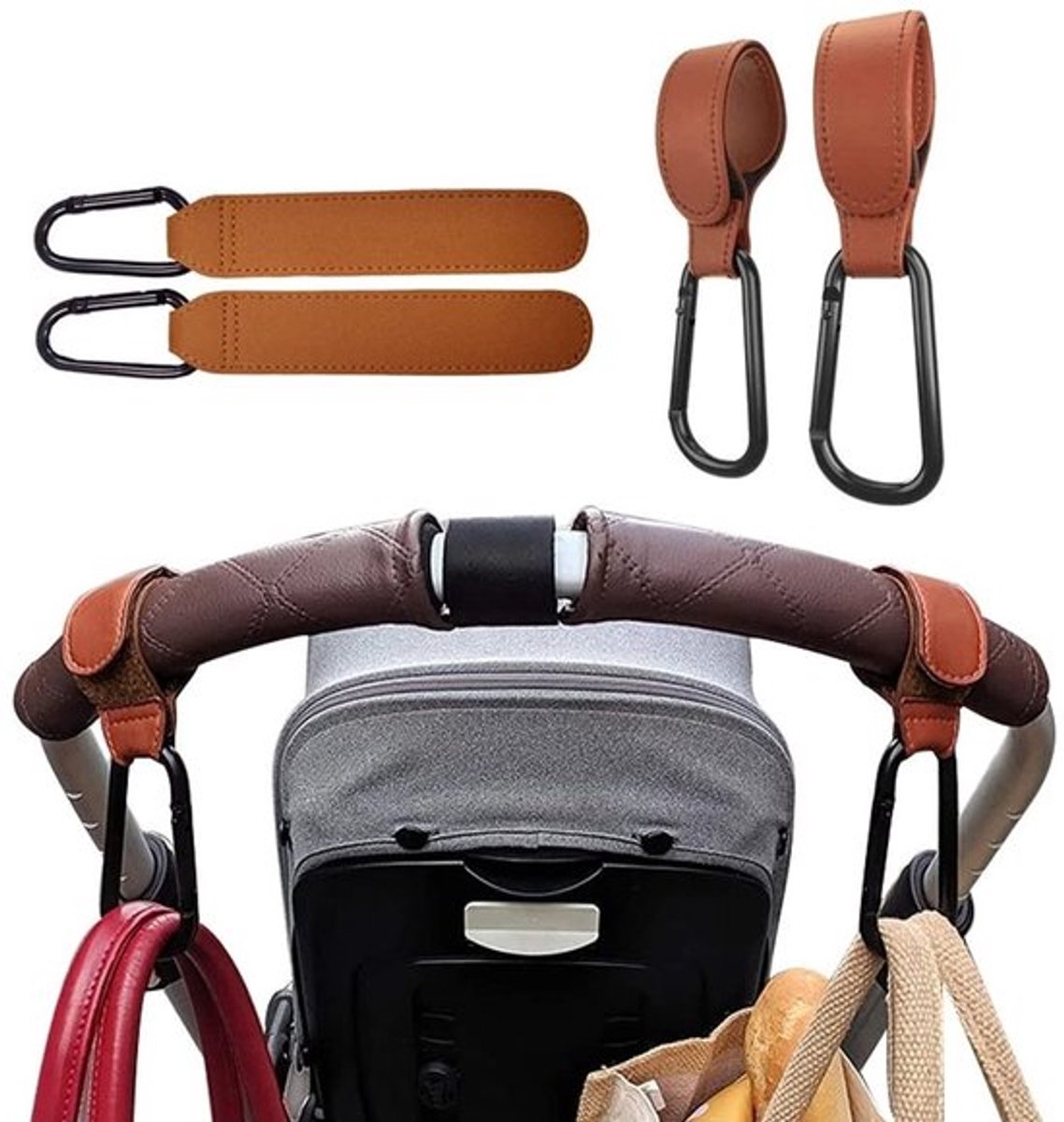 Kinderwagen haak - Handige tassenhouder - Lederen stijl - Klittenbandsluiting - Ideaal voor boodschappen - Voor ouders - 1 stuk