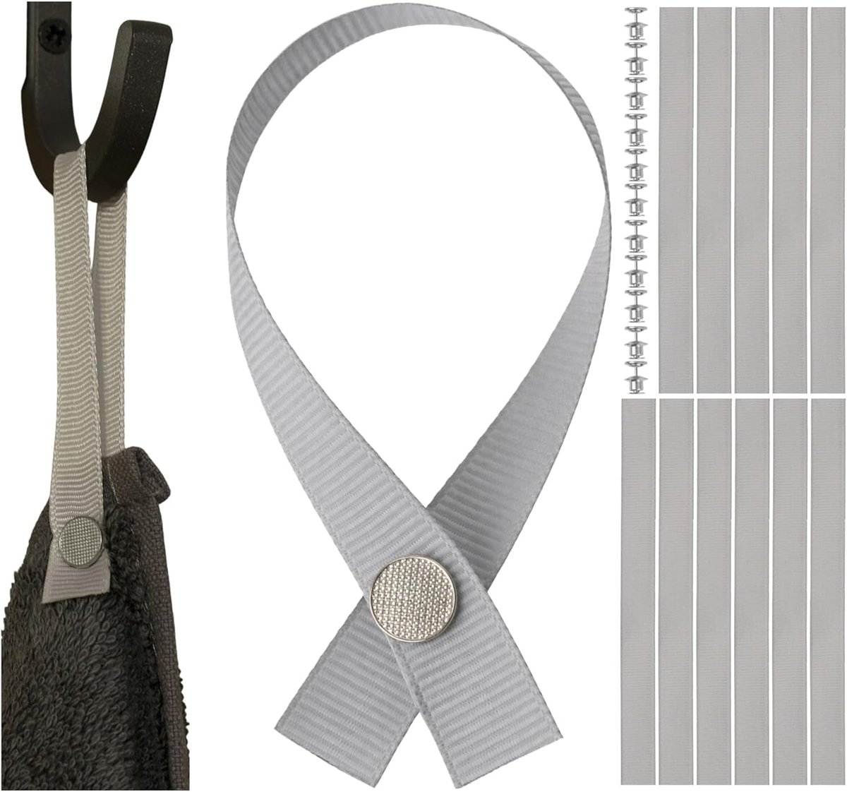 Naaivrije hangers voor textiel, 24 stuks, 180 x 12 mm lussen, in zes kleuren, met pin-knoopsluiting, ophanglussen voor - ShopVlot
