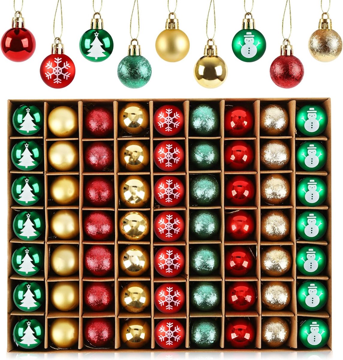 SnelShoppen - 63 Stuks Kerstballen Mini Baubles - Shiny Kerstdecoratie 3 cm Rood Groen Goud - Perfect voor Kerstboom Versiering en Feestdecoratie