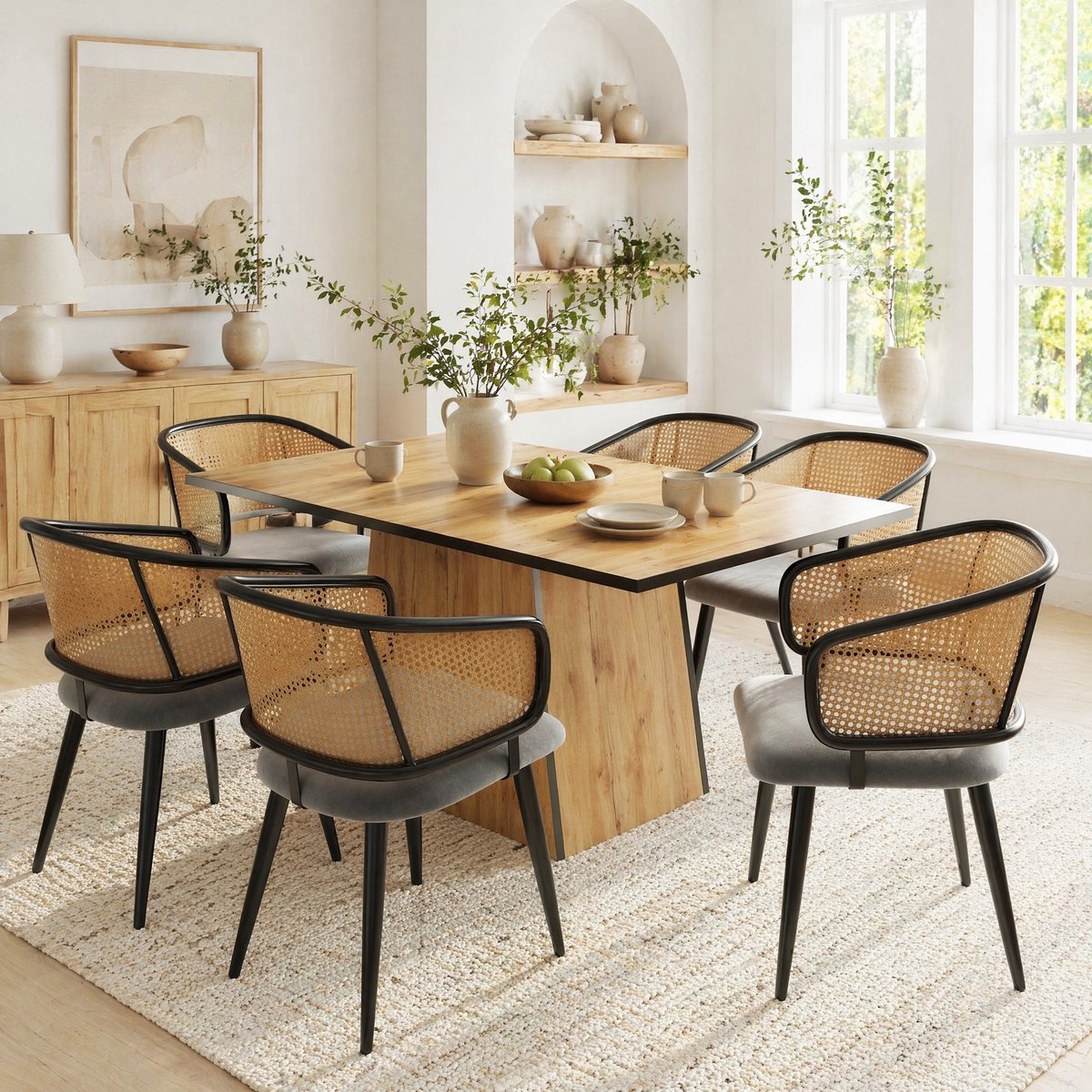 MEUNIQ Set van 6 eetkamerstoelen met rotan rugleuning, velvet zitting en armleuningen, B47
