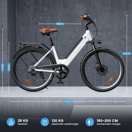 iScooter UcityS Volwassen elektrische fiets - 36V13Ah Accu - 26 inch - Max. snelheid 25 km/u - 80km actieradius - Wit — afbeelding 3