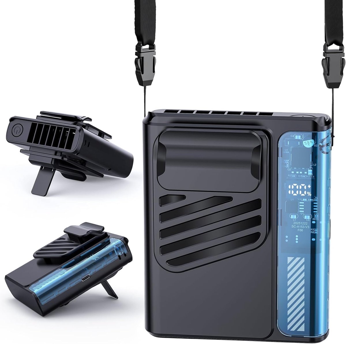 Draagbare ventilator met riemclip – oplaadbaar (zwart, 4000 mAh), 10.000 tpm, T-shirtventilator met led-display, 5 snelheidsstanden; clip-ventilator voor kantoor, kamperen, buitenactiviteiten en zomerreizen