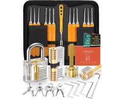 32-delige Lock Pick Set met 4 transparante trainingssloten - handmatige en ritssluiting - beginners en slotenmaker Training - Oranje