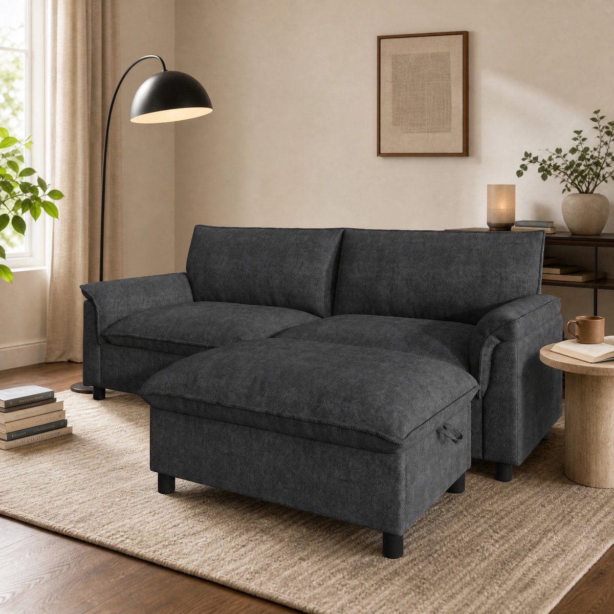 REDOM - Bank - Hoekbank met verplaatsbare ottoman en opbergruimte - Chenille bekleding - Slaapfunctie - Design - Woonkamer - Zwart - 216 x 82 x 77 cm