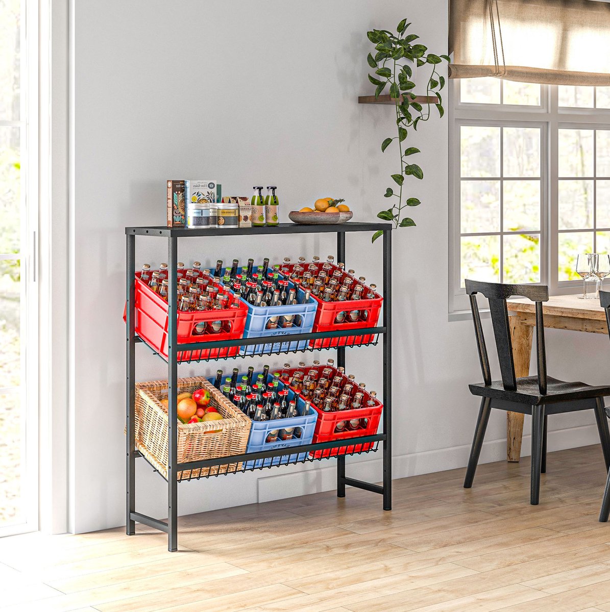 STILVORA Krattenrek – 103 x 33 x 113,5 cm – Verstelbare Plankhoogte – Staal – Zwart – Voor 6 Drankkratten en Opbergruimte