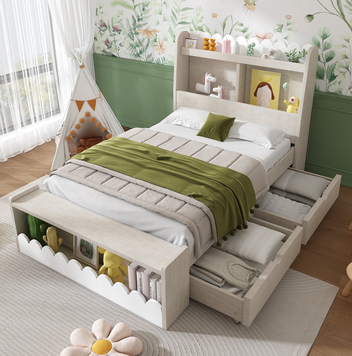 COVREO Bedframe 90x190 cm - wit eiken, met opbergruimte, zonder matras