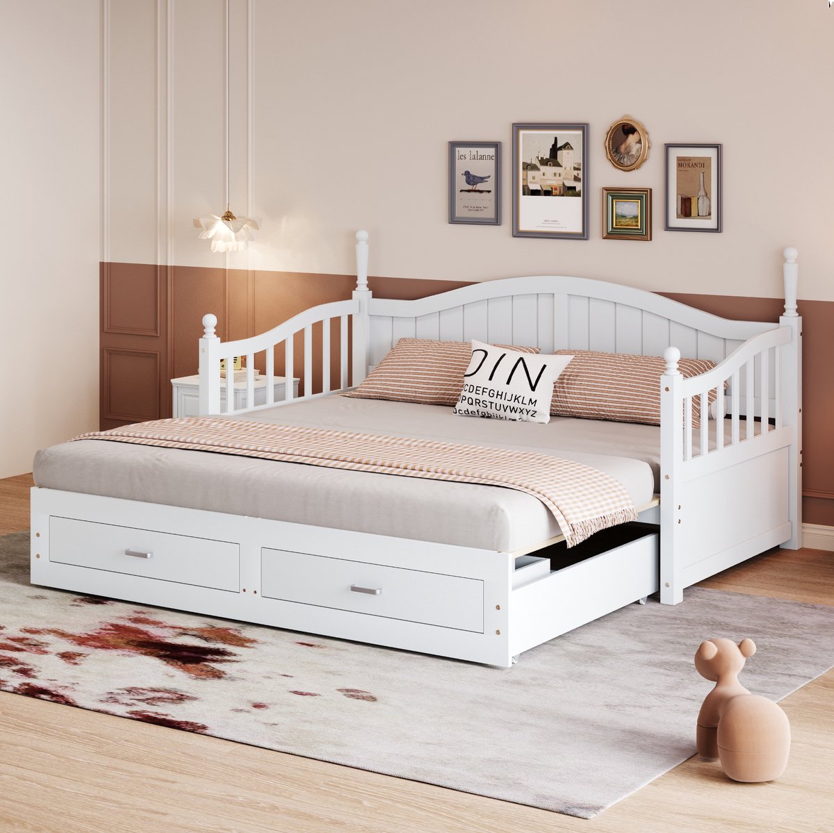 COVREO Slaapbank 90x190 cm wit houten uitschuifbaar zonder matras