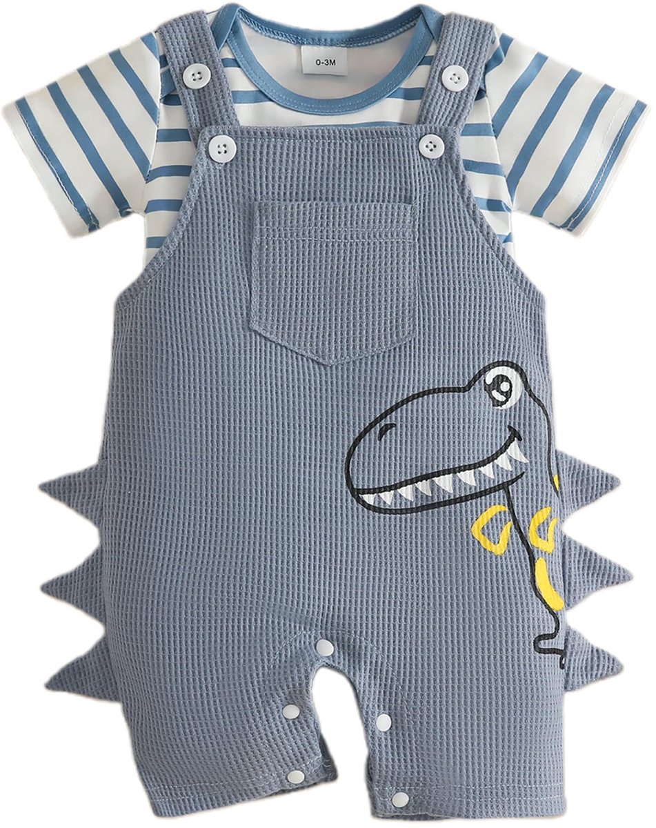 SnelShoppen - 2-delige babykledingset jongens, gestreepte korte mouwen + dinosaurus overall broek, pasgeboren outfit blauw 0-3 maanden, ideale zomer k