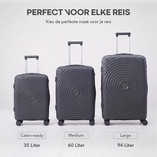 Drie antracietkleurige koffers van verschillende maten (35L, 60L, 94L) naast elkaar met labels 'Cabin-ready', 'Medium', 'Large'.