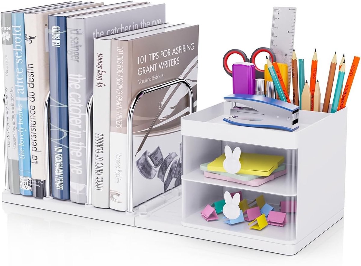 Multifunctionele Bureau Organizer met Documenthouder en Lade, Ideaal voor Kantoor, School en Thuis met 2 Pennenhouders en Boekenplank