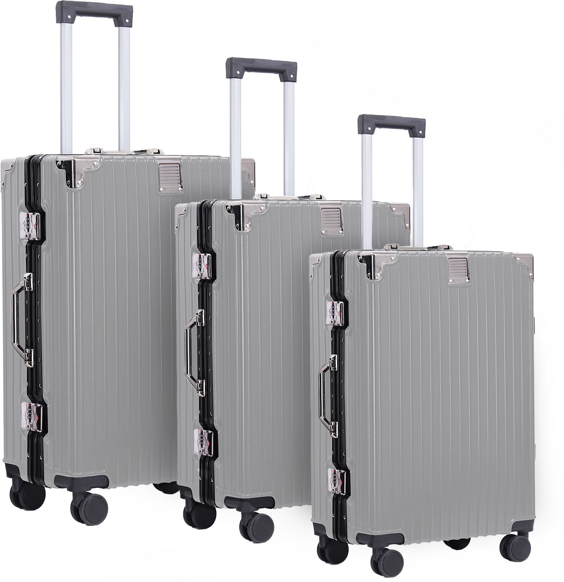 FLY&BYE Kofferset Axis Aluminium S/M/L - 3 Delig - Complete Set - 37 Handbagage + 67 en 94L Ruimbagage - Cijferslot - Zilver