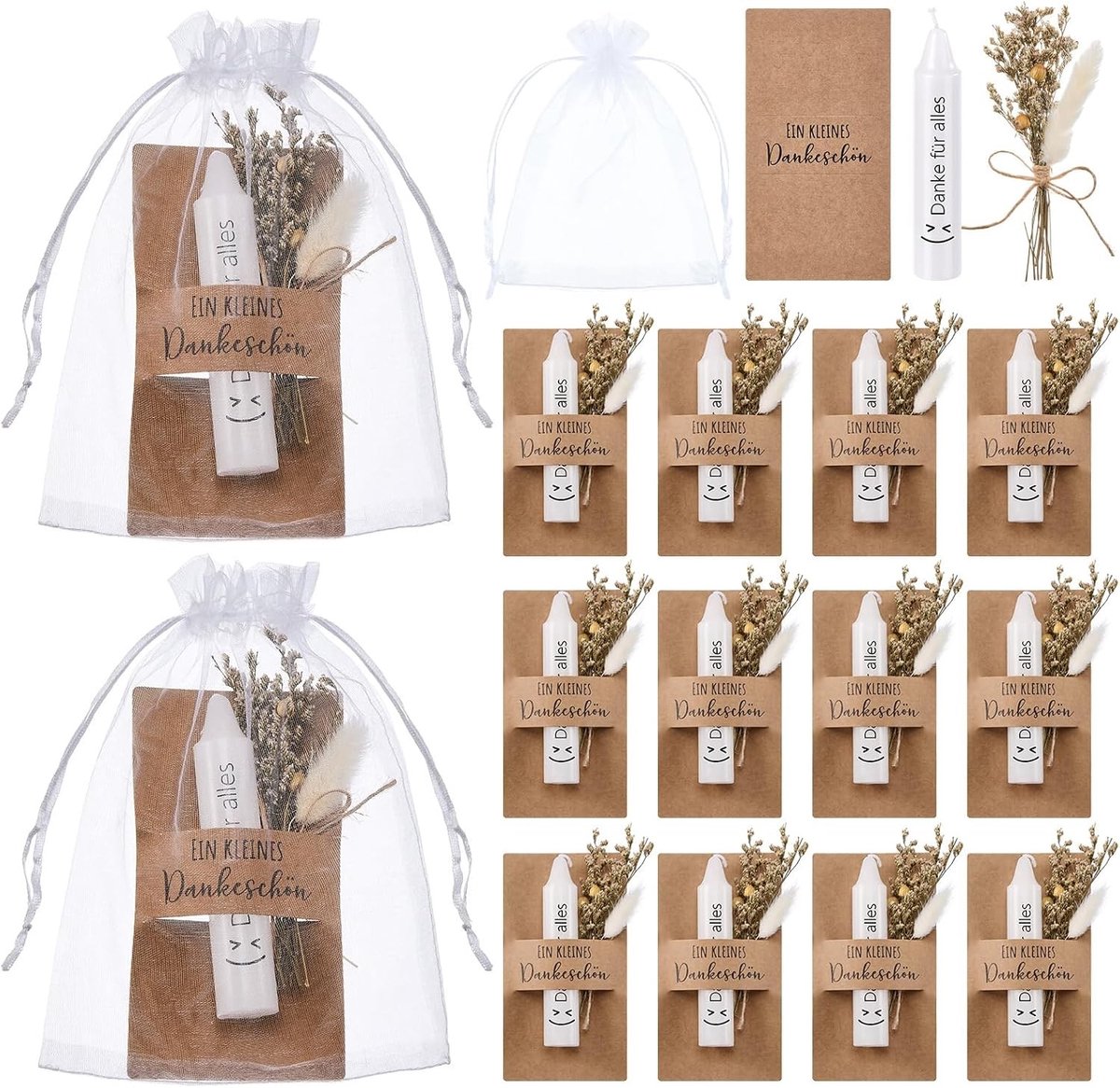 12 Sets Cadeau Kaarsen met Gedroogde Bloemen in Organzazakje - Bedankcadeau voor Collega's, Leraren en Vrienden bij Afscheid of Afstuderen