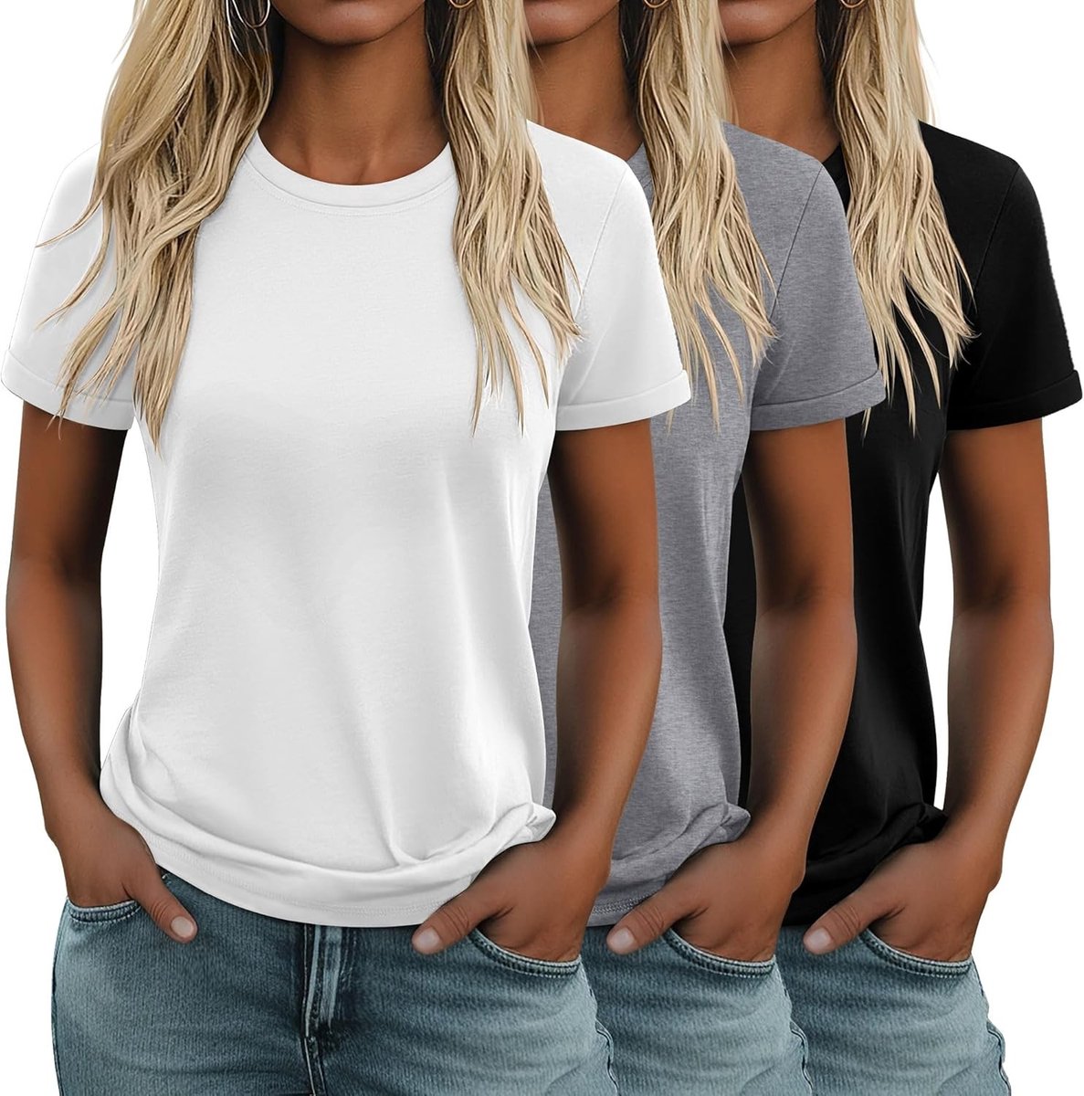 3-Pack Katoenen T-Shirts voor Vrouwen, Casual Tunic Tops met Korte Mouwen, Ronde Hals, Zomer Basic T-Shirts voor Elke Gelegenheid