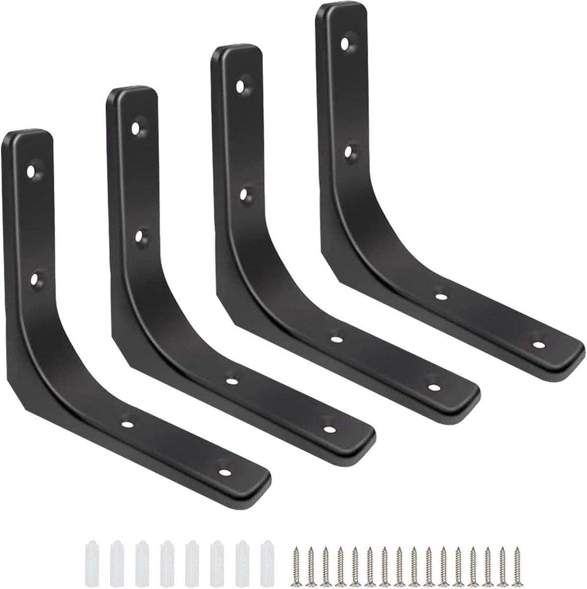 Stevige zwarte L-beugels 10,5 x 10,5 cm, 4 stuks voor wandmontage, ideale steun voor planken in keuken, garage en woonkamer