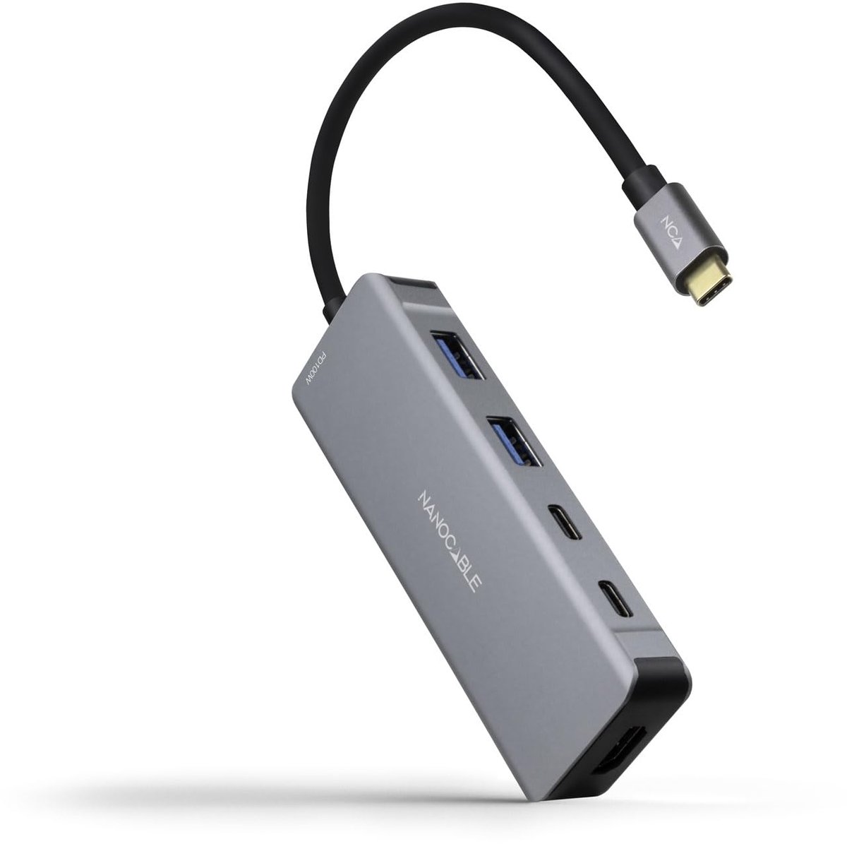 SnelShoppen - 6-in-1 USB-C Hub Converter, Aluminium, 2x USB-A, 2x USB-C, HDMI, USB-C PD 100W, 15 cm, Grijs - Ideaal voor Laptop, PC, TV, en Meer