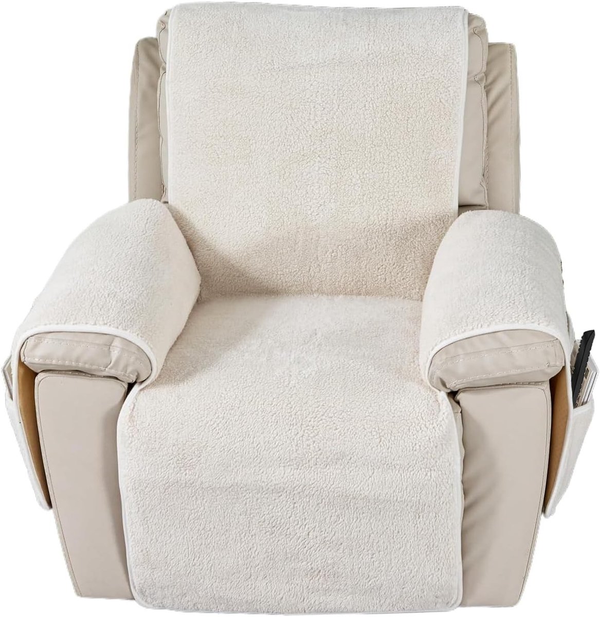 Zachte fleece fauteuilhoes voor bescherming van wollen stoelen, antislip en met zijzakken, crèmewit, 56 x 207 cm
