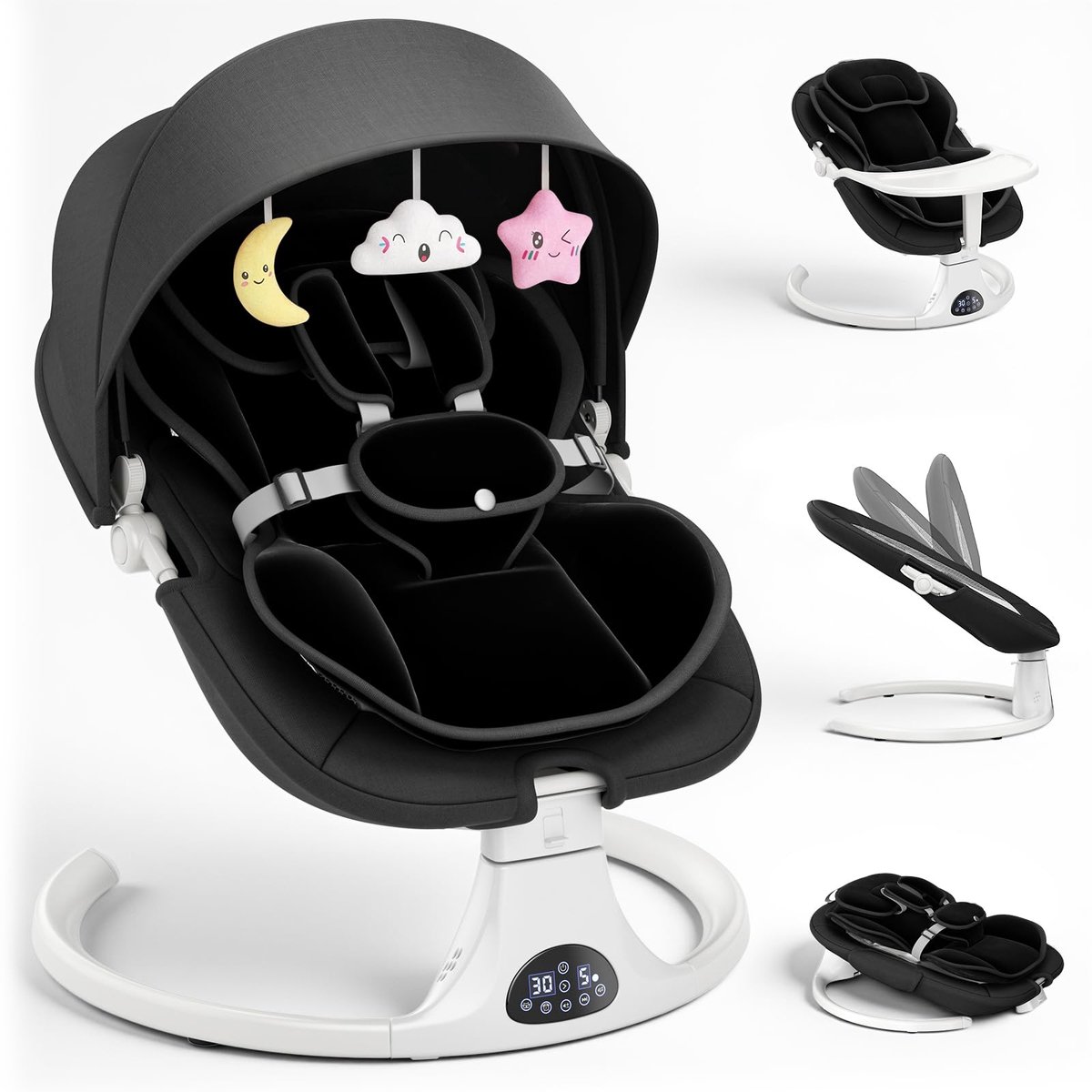 SnelShoppen - Verstelbare elektrische babybouncer met rugleuning, babyschommel met afneembaar kussen, bijzettafel, 3 timers, 5 snelheden, 12 melodieën