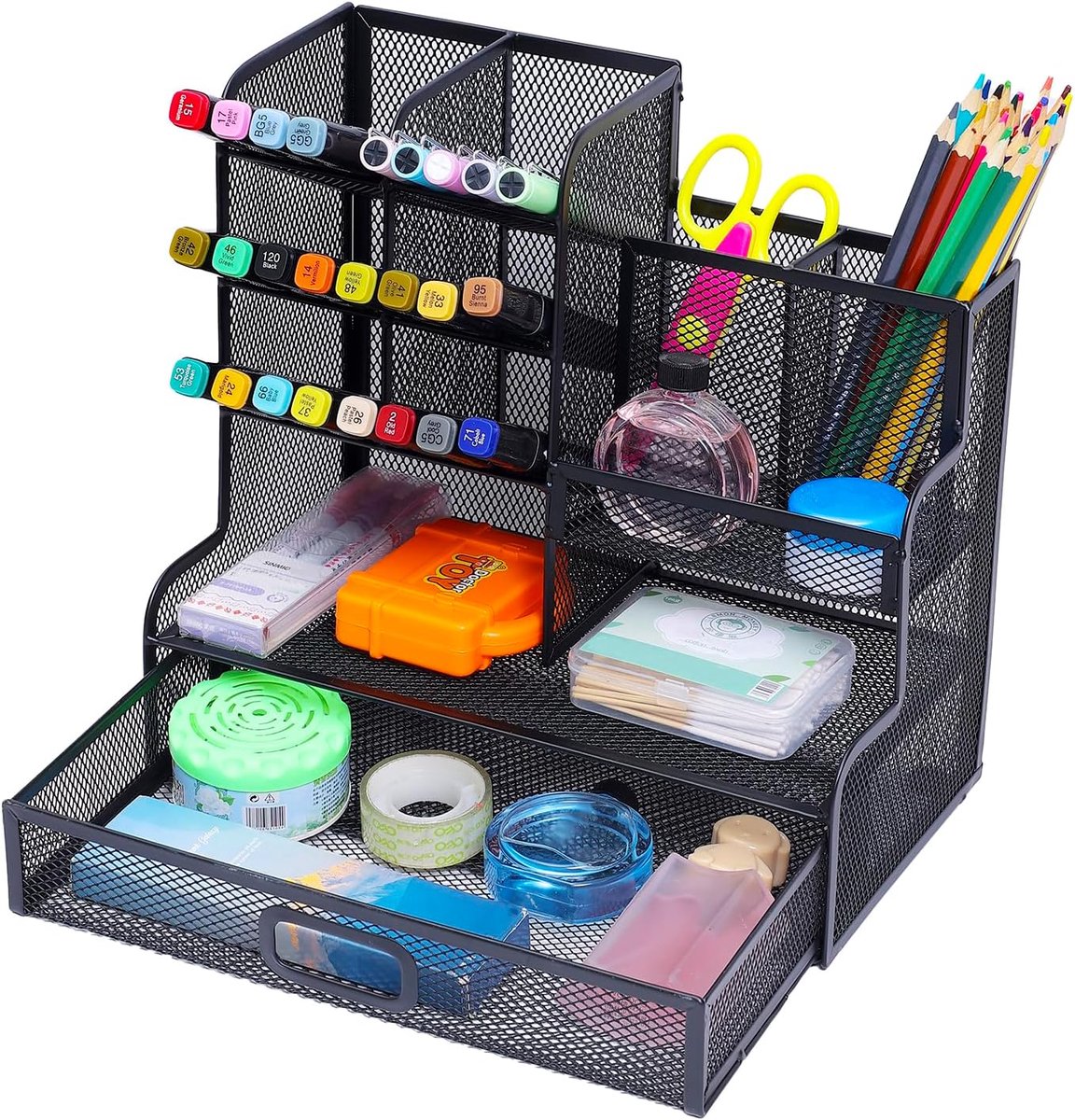 SnelShoppen - Mesh Pennenhouder Organisator met Lade, Multifunctionele Bureau-organizer voor Kantoor en School, Maat M, Zwart, Ideaal voor Bureau Acce