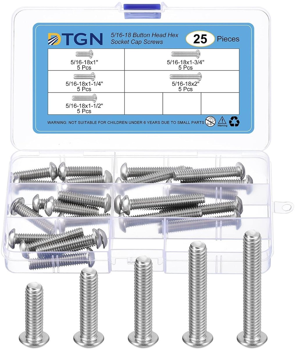 25-delige Hex Socket Head Schroeven Set - 5/16"-18, 304 RVS, Assortiment van 1" tot 2" voor Diverse Toepassingen