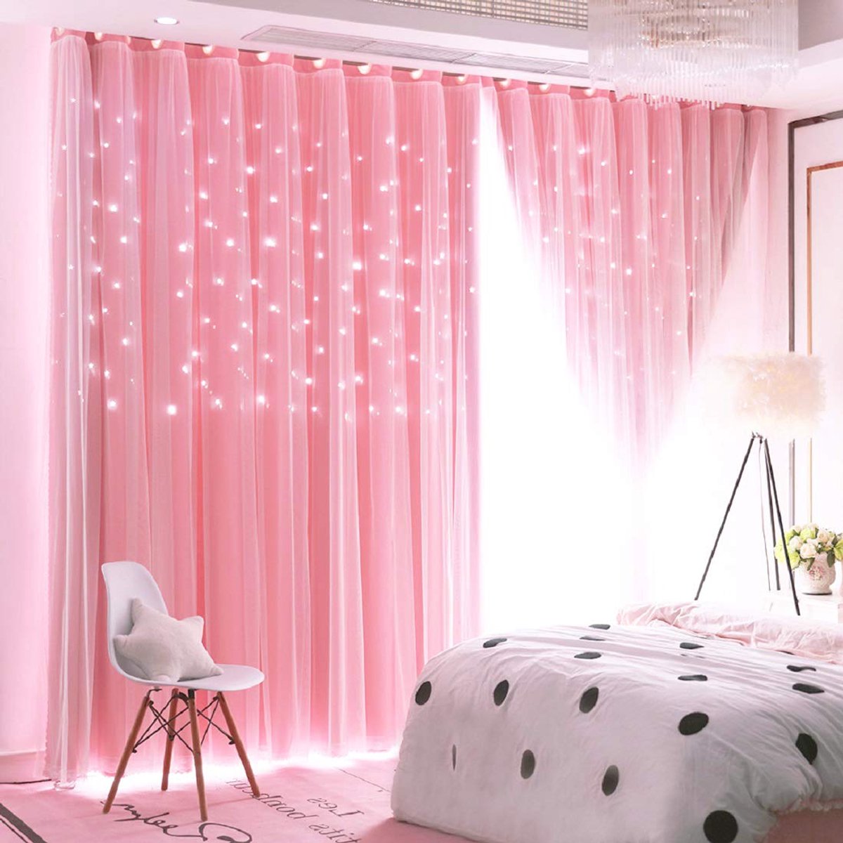 SnelShoppen - Sterren Verduisterende Gordijnen 2 Panelen voor Slaapkamer Meisjes en Kinderen - Dubbellaags Roze Esthetische Raamdecoratie 132 x 160 cm