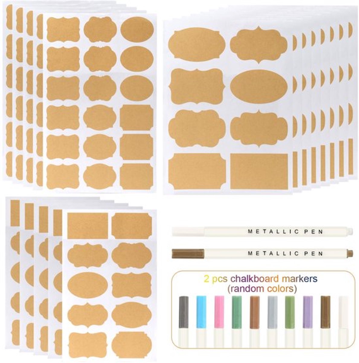 Huishoudetiketten 204 Stuks - Zelfklevende Stickers - Kraftpapier - 3 Maten - 8 Unieke Vormen - Inclusief 2 Metallic Stiften - Etiketten