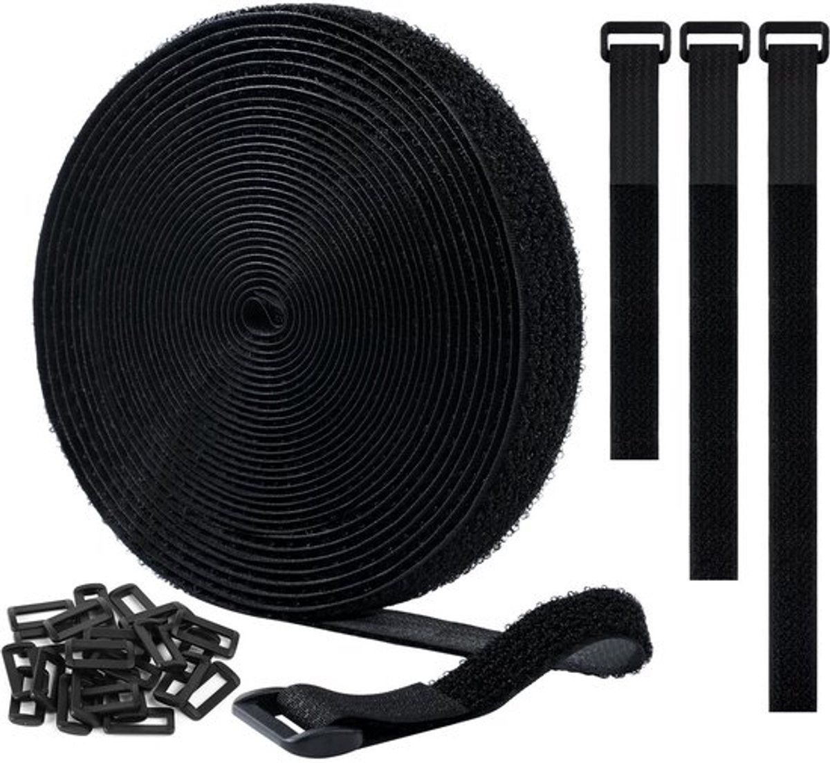 Ainiv Kabelriemen, 5 m (breedte: 25 mm) Verstelbare Vrije Snijlengte, Herbruikbare Zelfklevende Tape Kabelbinders met 25 Gespen, Multifunctionele Draad- en Kabelorganizer voor Kantoor, Thuis (Zwart)