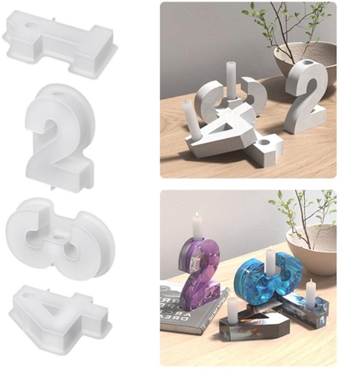 Siliconen Vorm Kandelaar - Kaarsenhouder - DIY Siliconen Gietvorm - Cijfers 1-4 - Tafeldecoratie - 4 Stuks