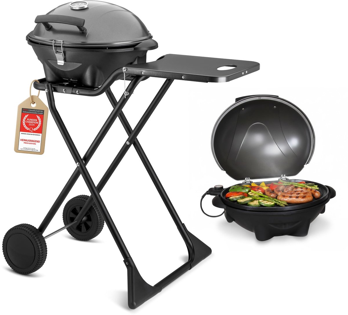 SnelShoppen - Elektrische Grill 2 in 1 Tafelgrill & Staande Barbecue 2400W - Opvouwbare Elektogrill voor Balkon & Terras met Deksel & Rolwagen - Kogel