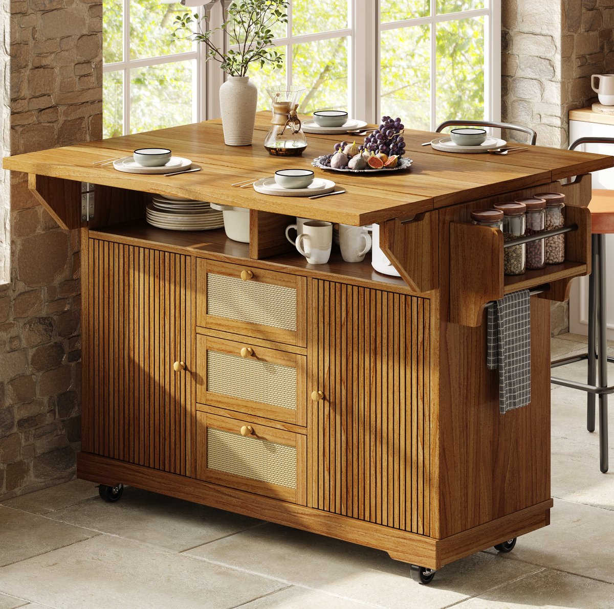 DESMIU Keukenwagen - Opvouwbaar Met Opbergruimte - Voor Keuken Balkon En Kamperen - MDF En PE-Rotan - Donkerbruin - 142,5x80x95 Cm