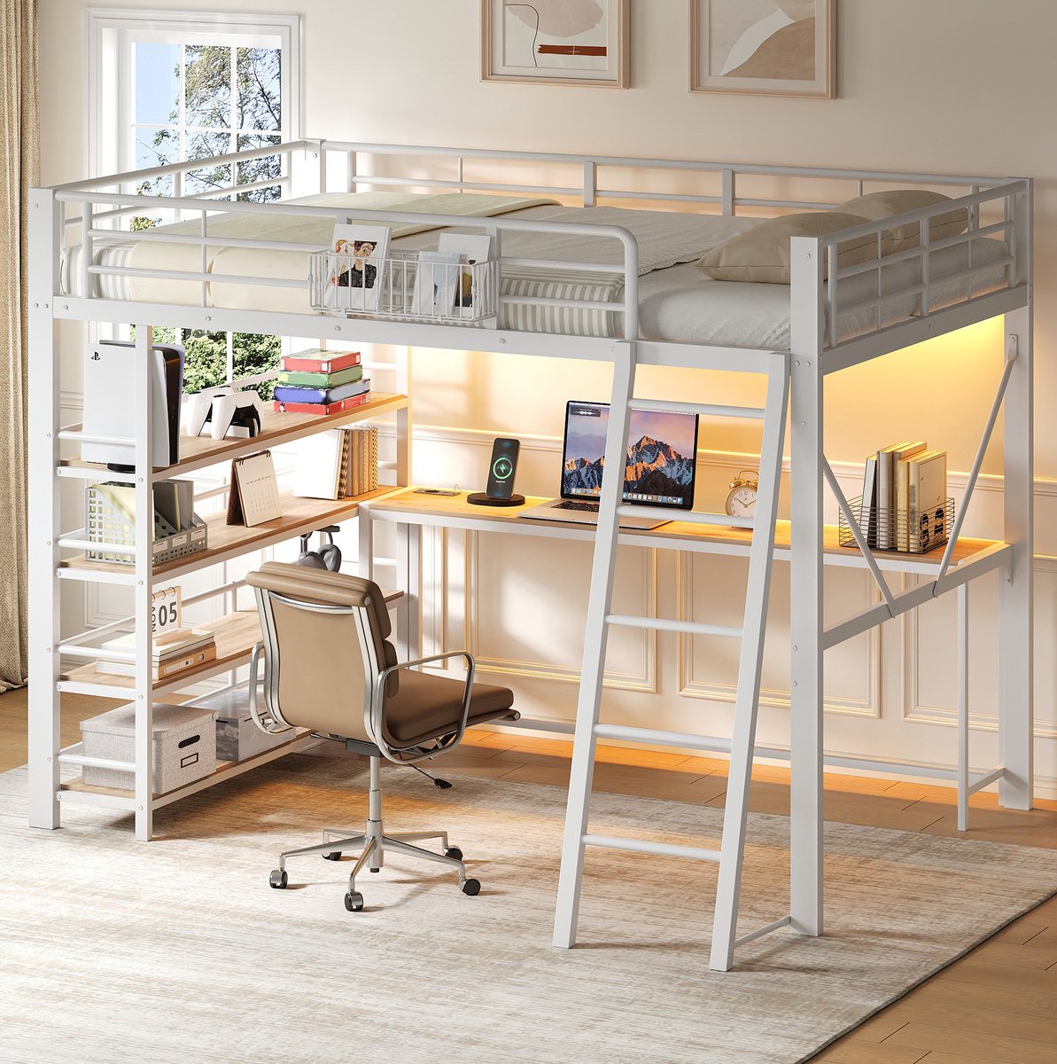 Hoogslaper 140x200 cm - Met Bureau, Ledverlichting en Usb-Laadpunt - Met Opbergvakken en Opbergmand - Zonder Matras - Metaal - Wit