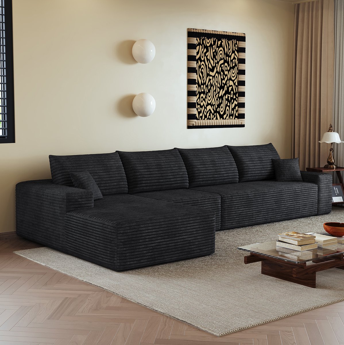OKWISH Hoekbank – 4-Zits Met L-Vormige Chaise Longue – Diepe Zitting, Zacht Ribfluweel, Geen Montage Nodig – Woonkamer of Slaapkamer – Zwart