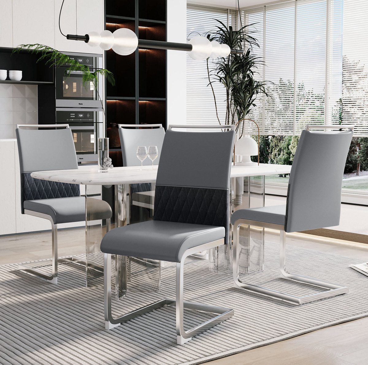 MEUNIQ eetkamerstoelen set van 4 grijs met hoge rug, gestoffeerde zitting van kunstleer en stof, metalen onderstel, 42 x 48 x 95 cm voor eetkamer of keuken