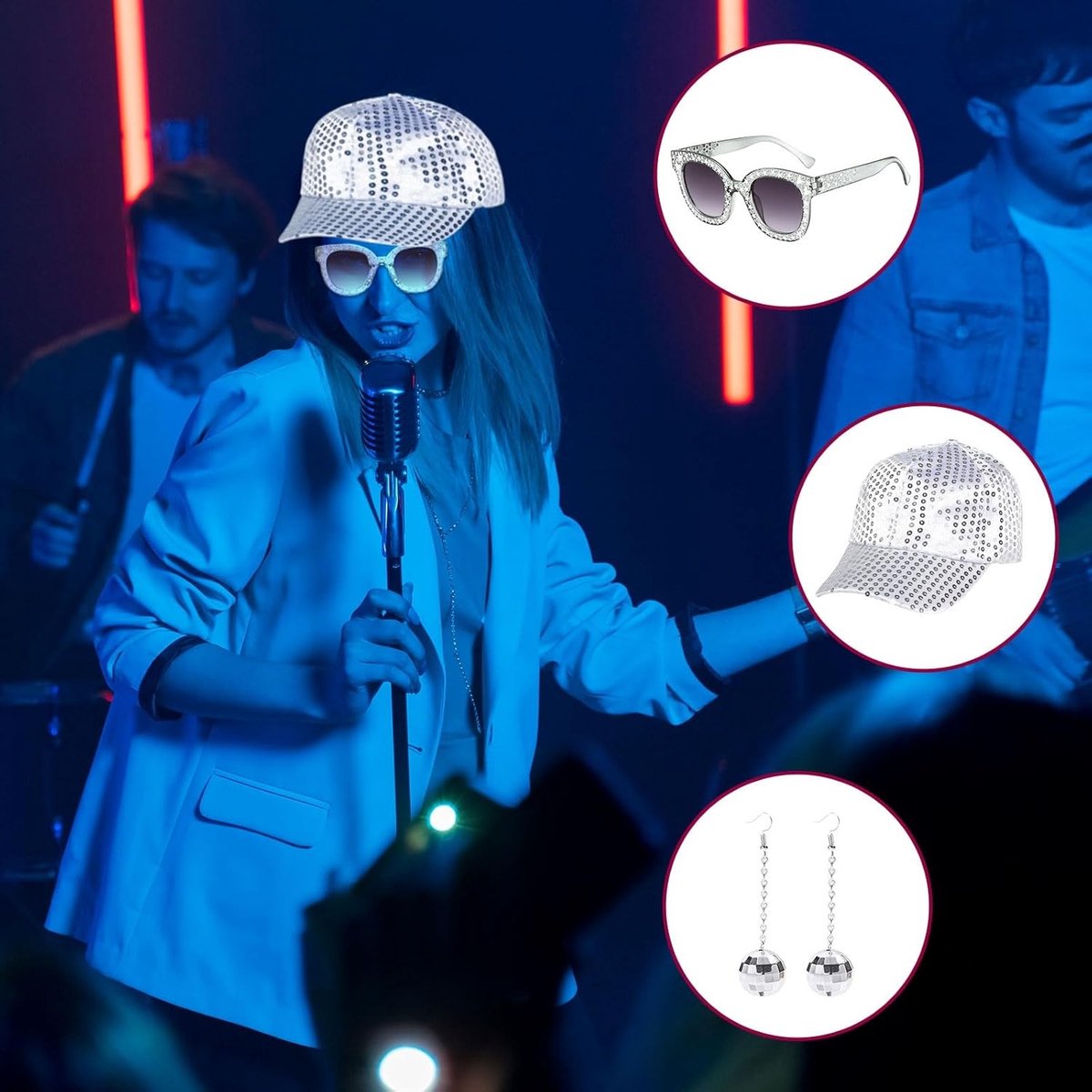 Disco Accessoires Set voor Volwassenen - 70s Kostuum met Zilveren Hoed, Zonnebril en Oorbellen voor Feestjes en Thema-avonden