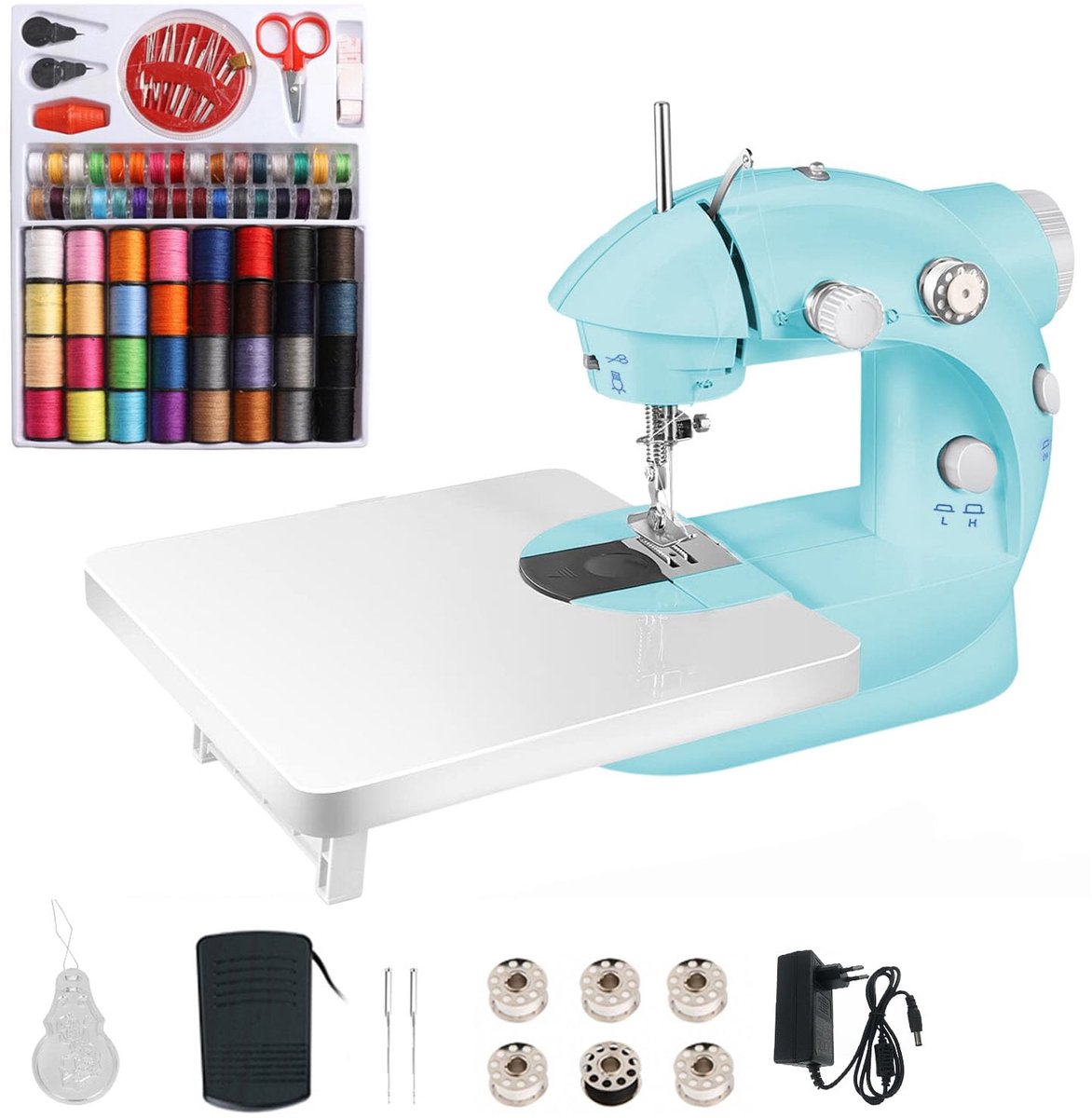SnelShoppen - Elektronische mini-naaimachine met dubbele draad, 2 versnellingen, voetpedaal, 99 naai-accessoires, verlengtafel voor kleding, gordijnen