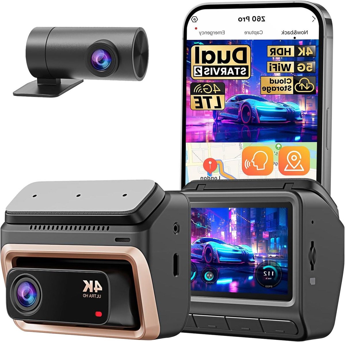 4K Dashcam - Auto Camera - Veilig Rijden - Dubbele STARVIS 2 - 32GB Opslag - Zwart