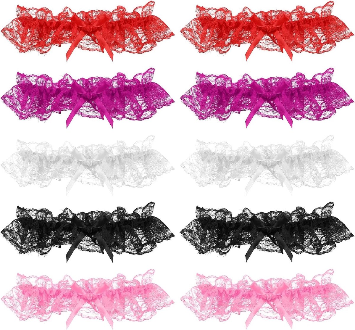 Delicate dijringen met satijnen strik, 10 stuks kanten kousenbanden voor dames, bruiloft, cosplay en feestaccessoires (5 kleuren)