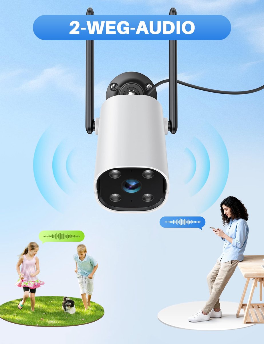 SnelShoppen - 2K Beveiligingscamera voor Buiten met Nachtzicht, AI-Bewegingsdetectie, IP65 Weerbestendig, Sirene-Alarmsysteem, 2-Weg Audio, Werkt met