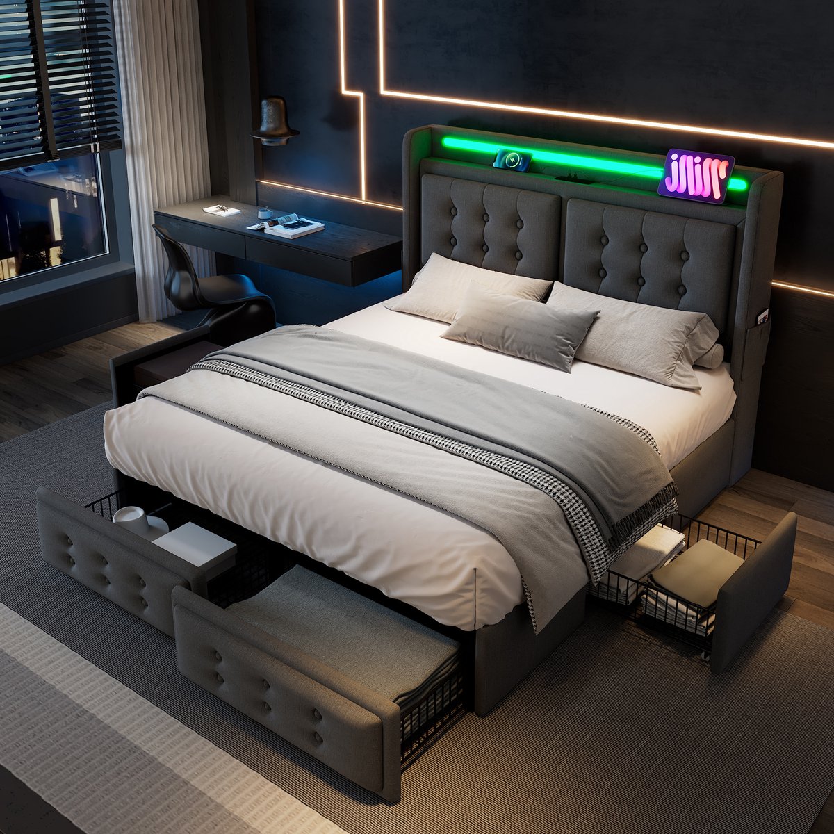 Wishdor Bedbodem 180x200 cm - Led-kopteil - USB-C en USB-aansluiting - 4 lades - lattenbodem - metalen frame - grijs