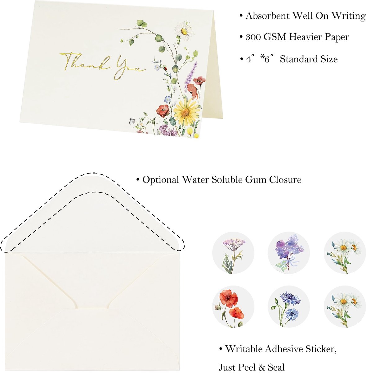 SnelShoppen - Crisky Bedankkaarten met Enveloppen (50 stuks) & Stickers Wenskaarten Bulk, Aquarel Wilde Bloem voor Verjaardag, Babyshower, Bruidsdouch