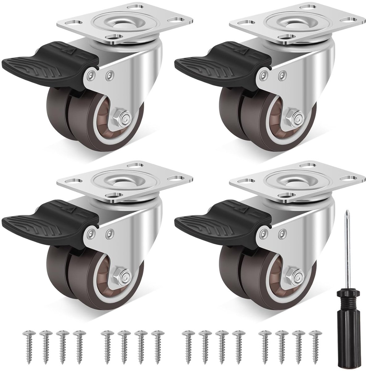 Zware Dubbele Zwenkwielen van 2 Inch met 4 Remmen, Rubber Wielen tot 400kg, Stil en Niet-Markerend, Geschikt voor Meubels en Tafels, Set van 4 Stuks