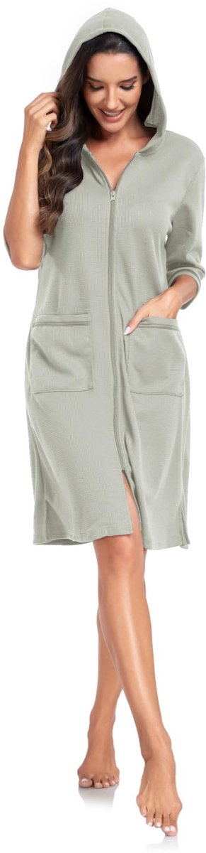 SnelShoppen - Lichtgewicht Dames Badjas met Rits, Middellange Wafel Badjas, Zachte Capuchon, Zeer Absorberend, Zakjes, Grijs, XL voor Loungewear, Nach