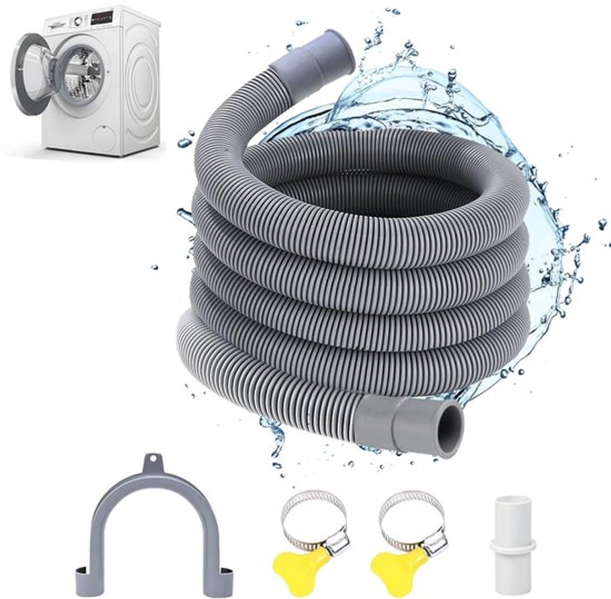 Afvoerslang 2M - Verlengset - Inclusief beugel/slangverbinder/slangklemmen - Geschikt voor wasmachine/vaatwasser/droger - Polypropyleen - Waterdicht - Afvoerbuis
