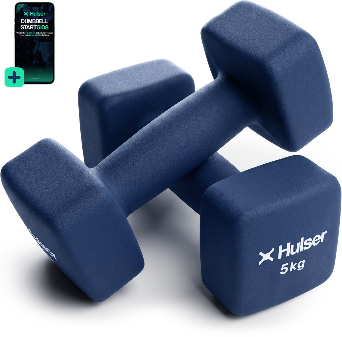 Hulser Dumbbell set - 2 x 5,0 kg - Neopreen - Blauw - Met digitale startgids - Gewichten - Fitness halterset - Krachttraining halters