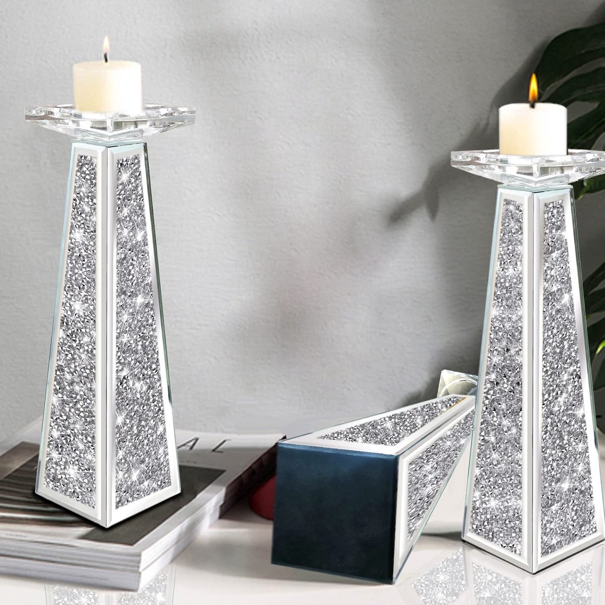 SnelShoppen - 2 Stuks Kandelaars voor Pijlerkaarsen - Kristallen Gebroken Diamanten Kandelaars Set - Zilveren Glazen Votief Kandelaars voor Tafel Midd