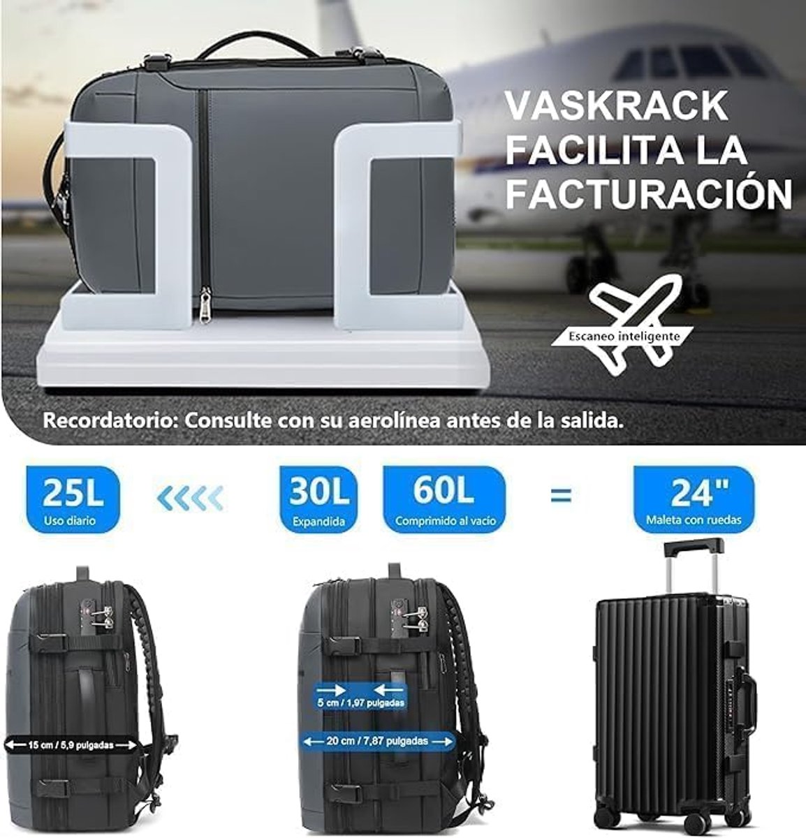 SnelShoppen - 60L Uitbreidbare Vacuümrugzak Handbagage Reisrugzak Voor Dames en Heren, Grijs met Luftpumpe, Ideaal Voor Camping en Reizen