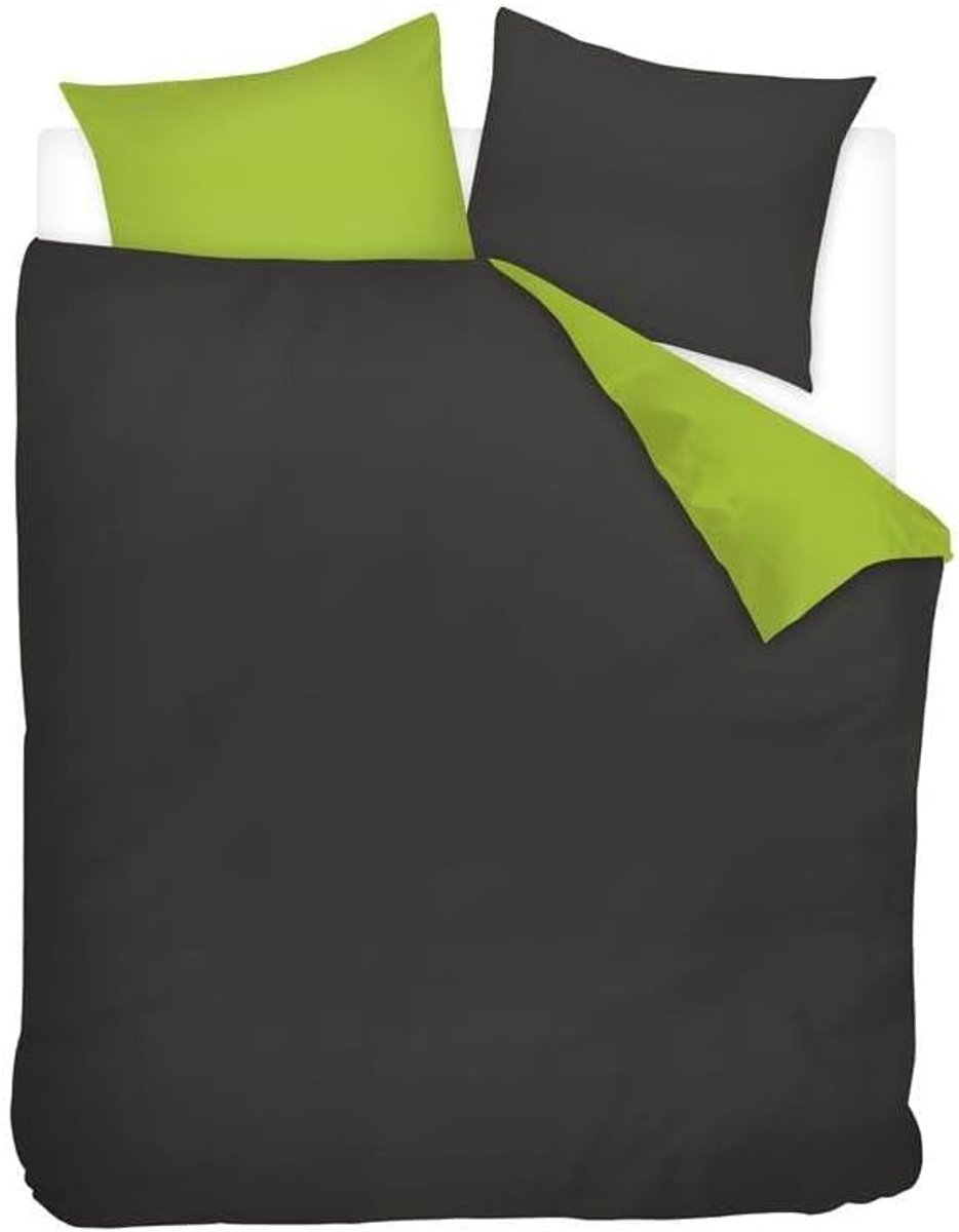 SnelShoppen - Flanellen Dekbedovertrek 240x200/220cm - Snoozing Two Tone Anthraciet/Limoen - Inclusief 2 Kussenslopen 60x70cm - Reversibel Design voor