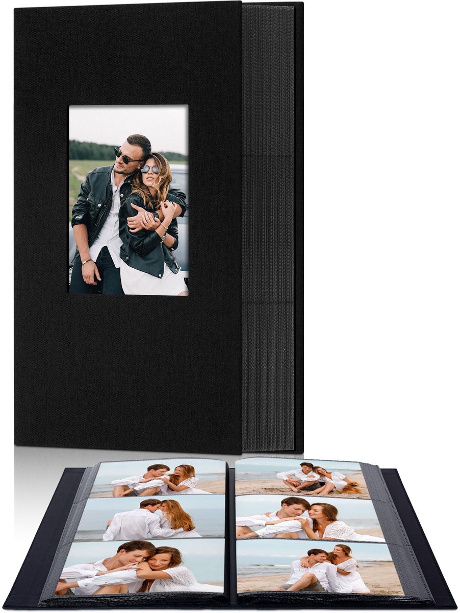 SnelShoppen - Fotoalbum met grote capaciteit, 300 insteekvakken, stoffen omslag, zuurvrije pagina's, perfect voor familie en reizen, 10 x 15 cm, zwart